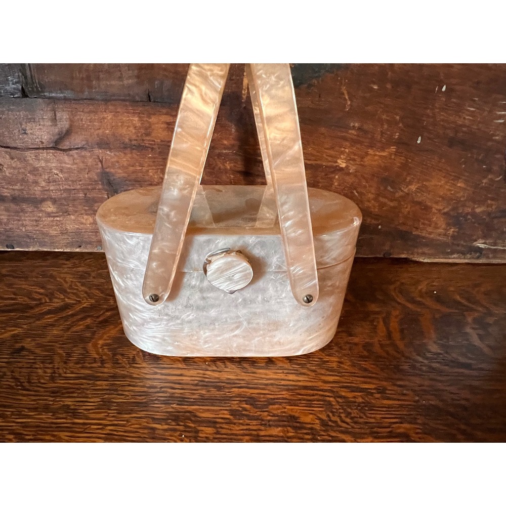 Vintage Wilardy Lucite Box Purse Pearlescent Marble Champagne 1950s Mid Century